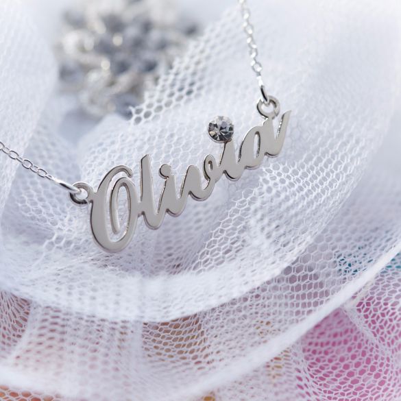 9ct White Gold Carrie Style Personalised Name Necklace With Crystal - Love Silver Jewellery