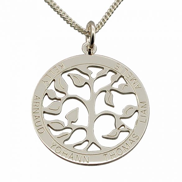 9ct White Gold Filigree Tree of Life Disc Personalised Family Necklace