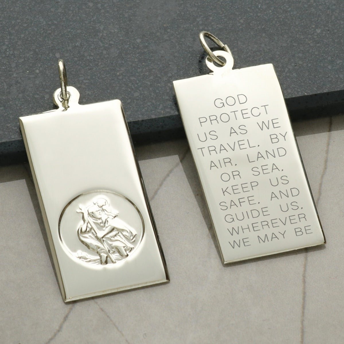 9ct White Gold Large St Christopher Ingot With Travellers Prayer Optional Engraving and Chain - Love Silver Jewellery