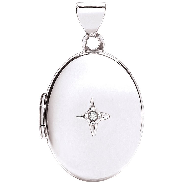 Solid White Gold Oval Locket Set With Diamond & Optional Back Engraving & Chain - Love Silver Jewellery