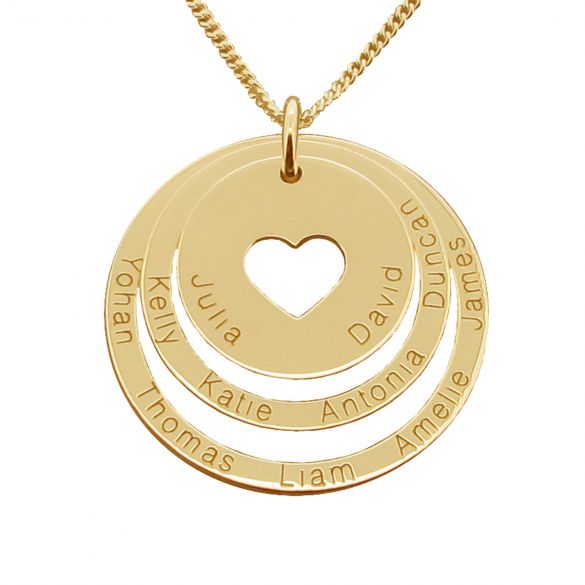 9ct Yellow Gold Vermeil Two Disc Cut Out Heart Personalised Family Necklace
