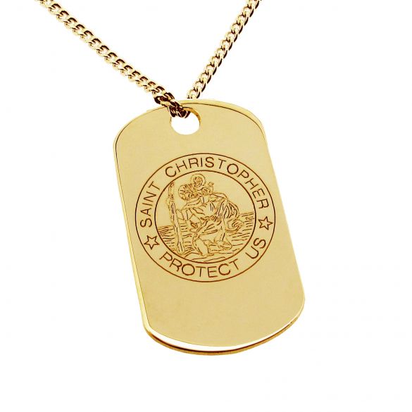 9ct Yellow Gold St Christopher Dog Tag With Optional Engraving and Chain - Love Silver Jewellery