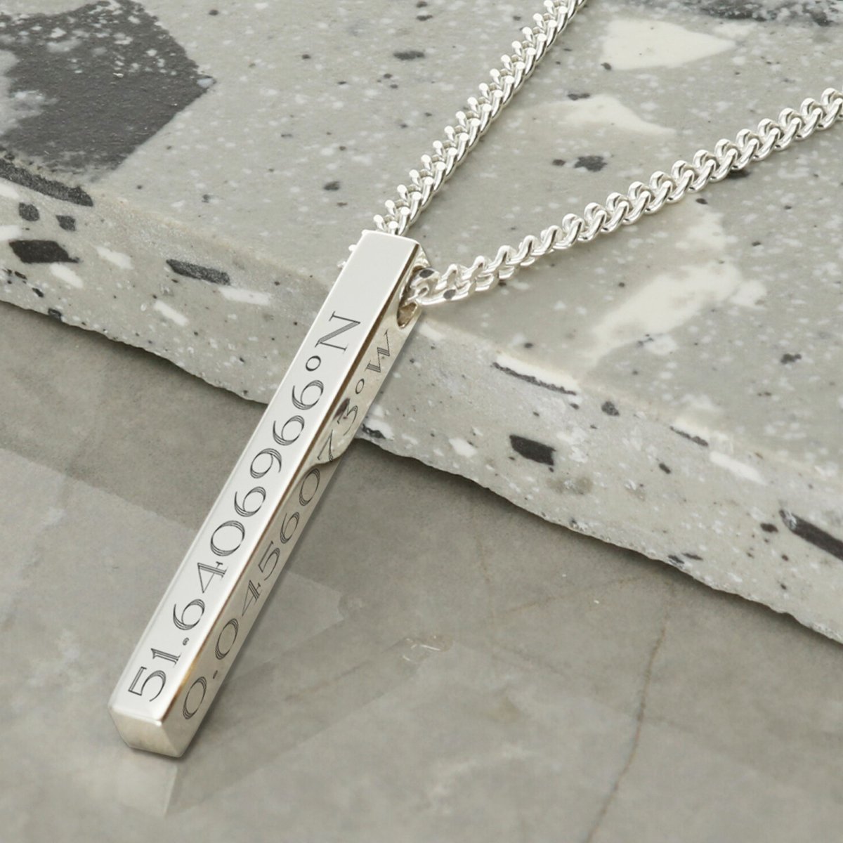 Mens Silver 3D Engraved Bar Pendant Necklace - Love Silver Jewellery
