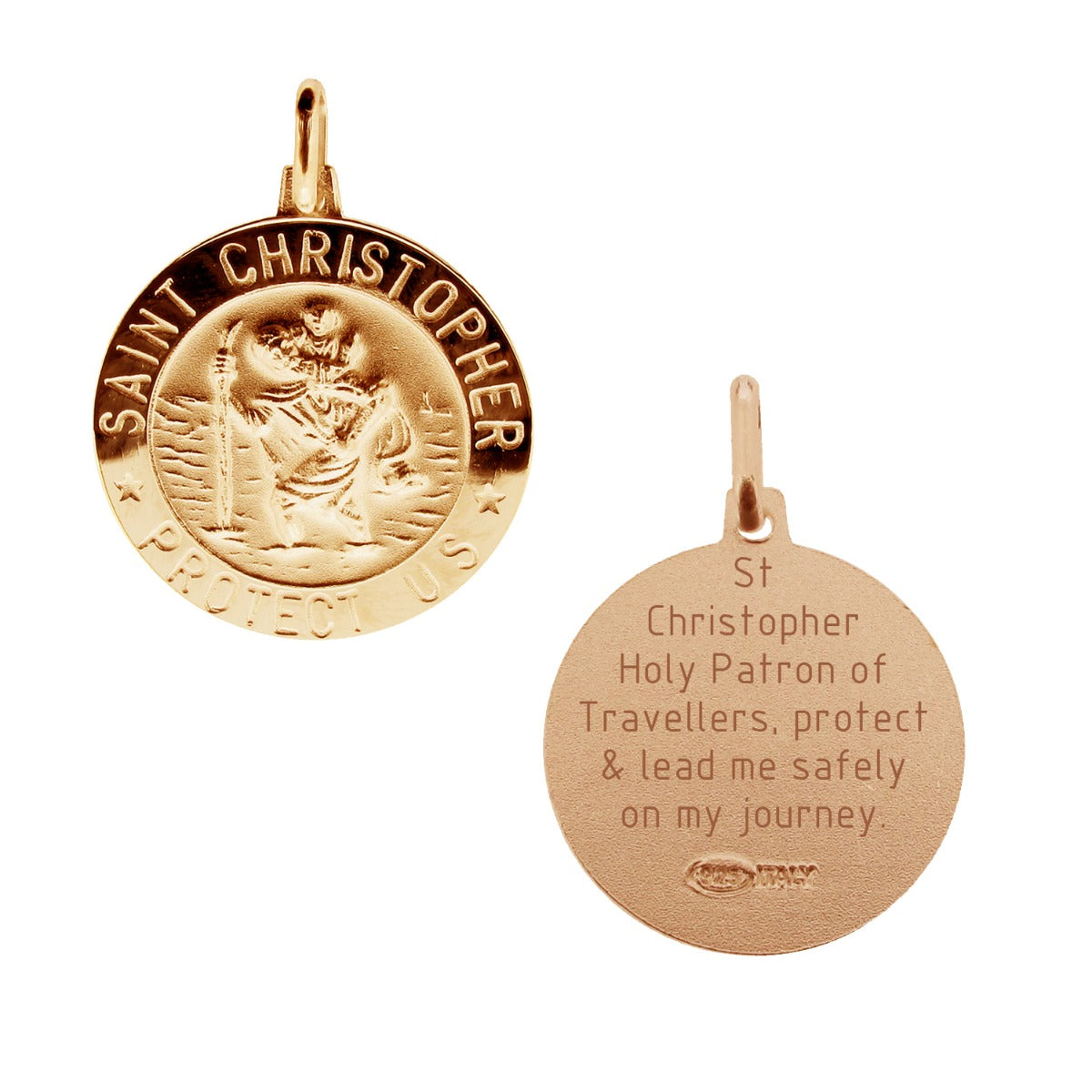 9ct Rose Gold Vermeil 15mm 3D St Christopher Pendant With Travellers Prayer and Optional Chain