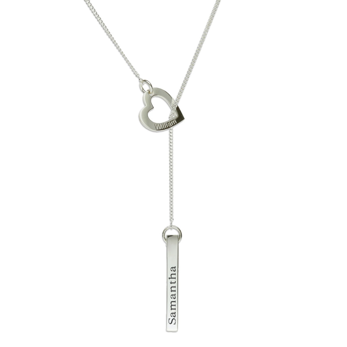 Sterling Silver  Engraved Heart & 3D Name Bar Slip Through Necklace