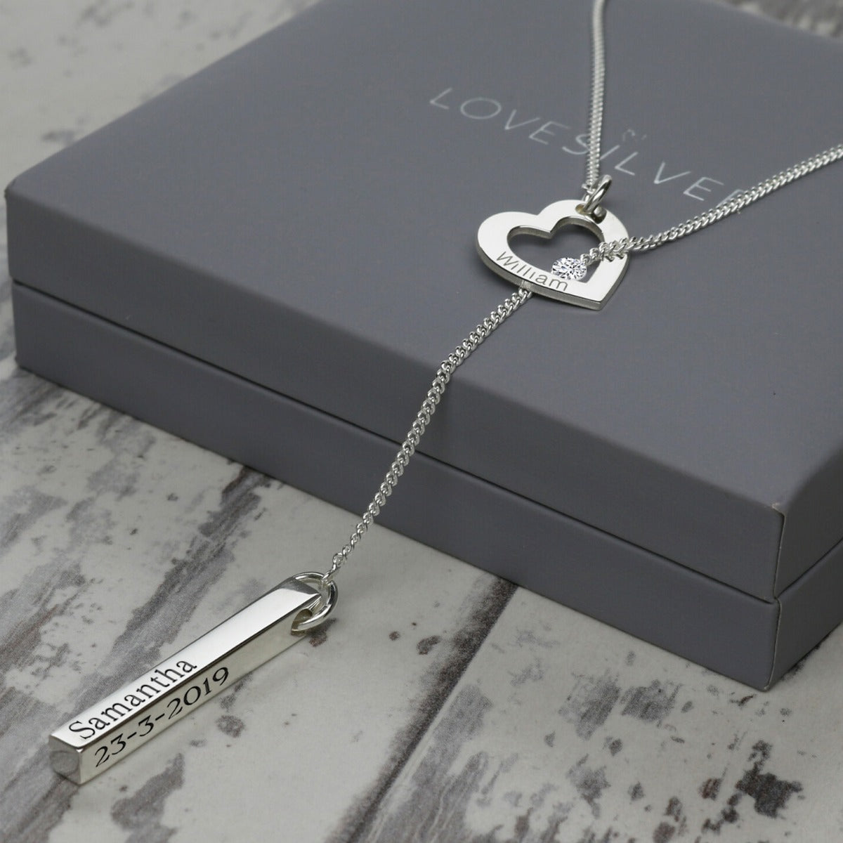Sterling Silver Engraved Heart & 3D Name Bar Slip Through Necklace With Crystal Or Real Diamond