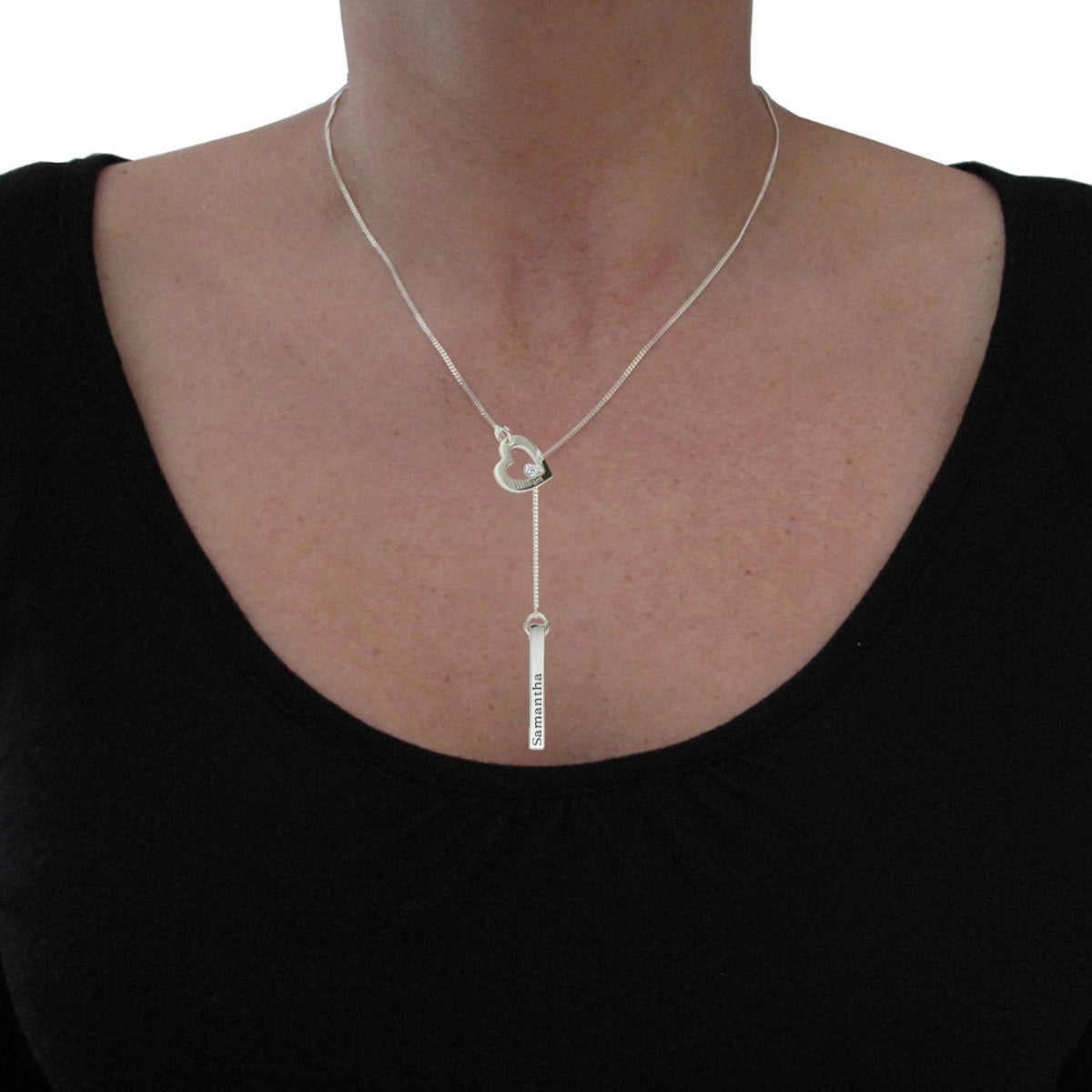 Sterling Silver Engraved Heart & 3D Name Bar Slip Through Necklace With Crystal Or Real Diamond On Lady
