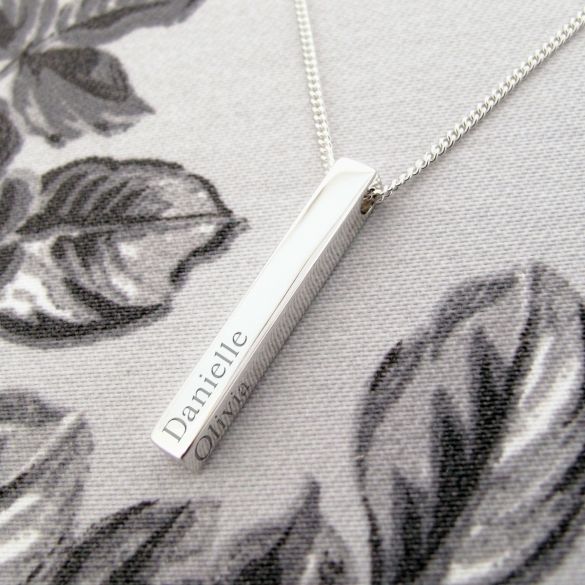 Silver 3D Engraved Name Bar Pendant With Chain