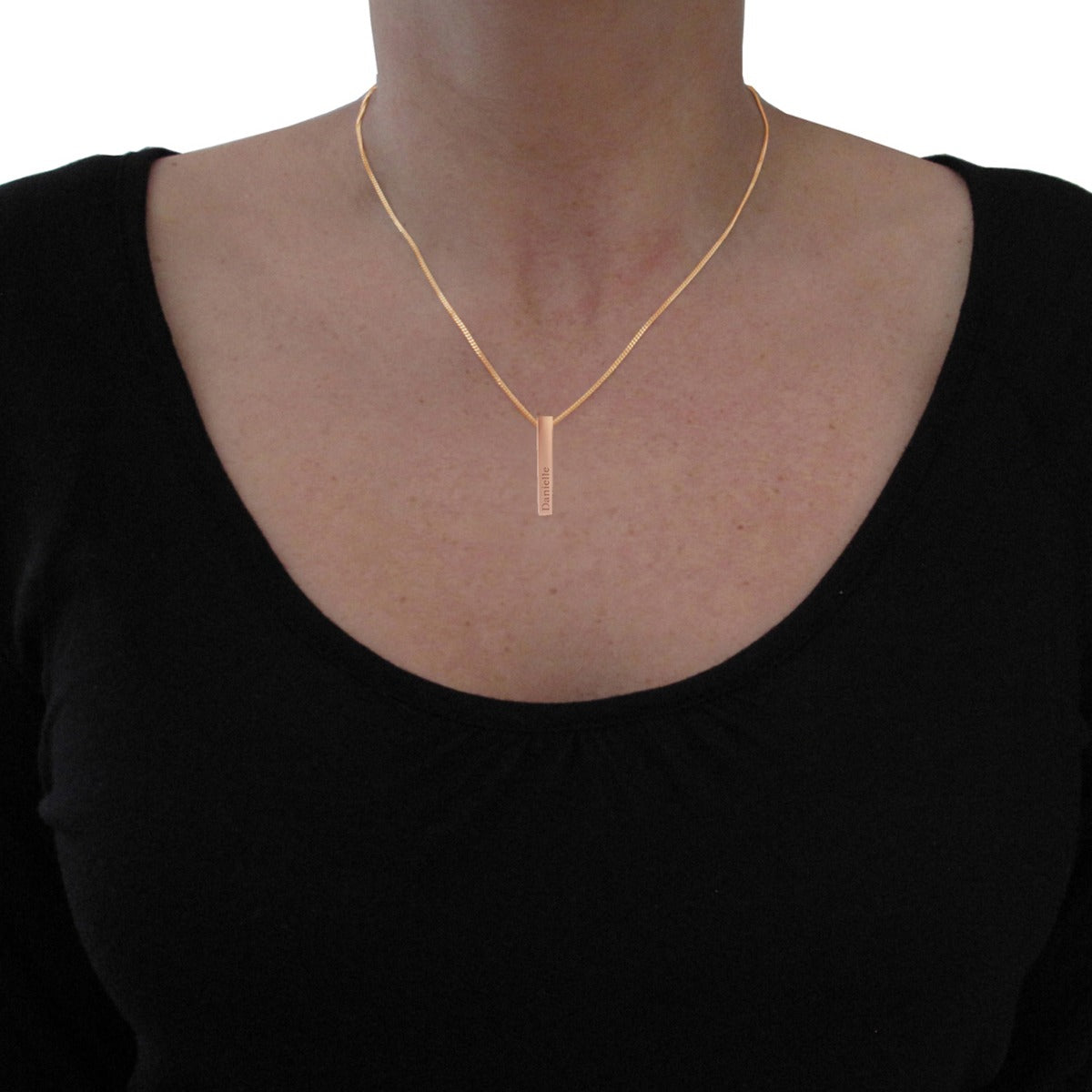 9ct Rose Gold Vermeil 3D Engraved Name Bar Pendant On Lady