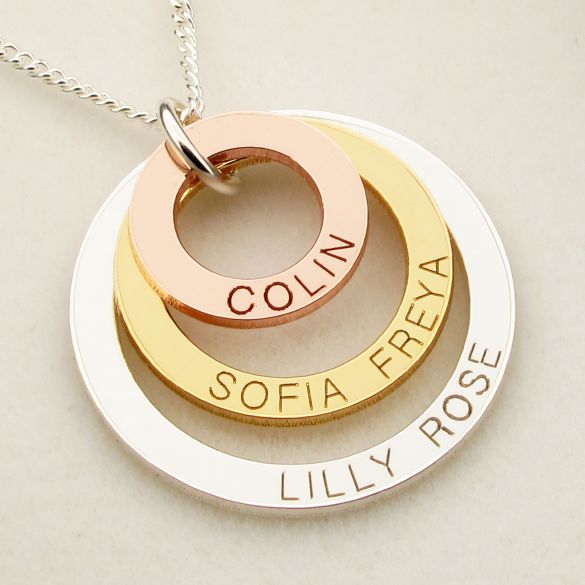 Three Colour 9ct Gold Vermeil Triple Disc Personalised Family Necklace