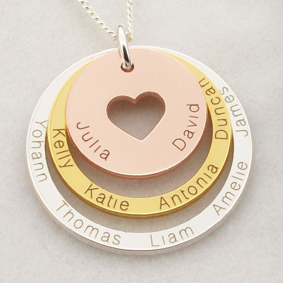 Three Colour 9ct Gold Vermeil Two Disc Cut Out Heart Personalised Family Necklace