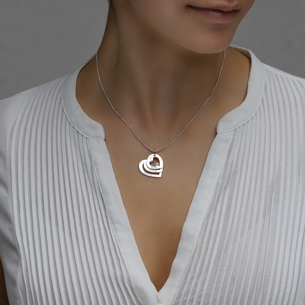 Sterling Silver Engraved Triple Heart Pendant With Diamond