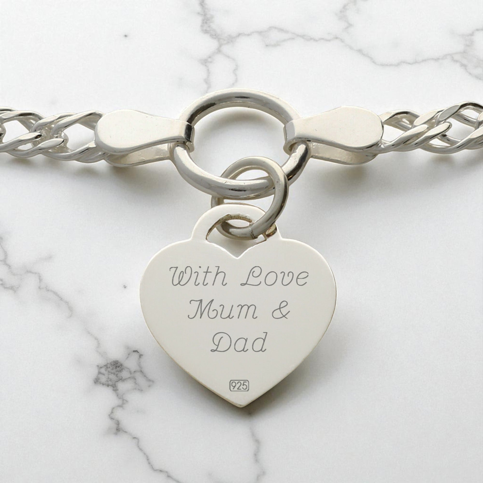 Sterling Silver Ladies Heart on Fancy Double Curb Chain Bracelet With Optional Engraving