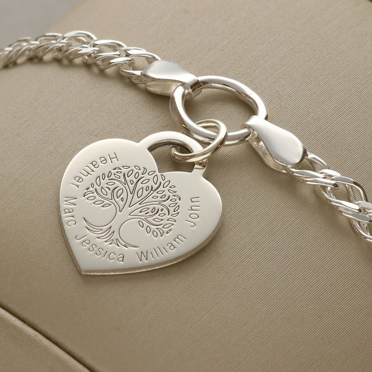 Sterling Silver Personalised Tree of Life Heart Charm Double Curb Bracelet