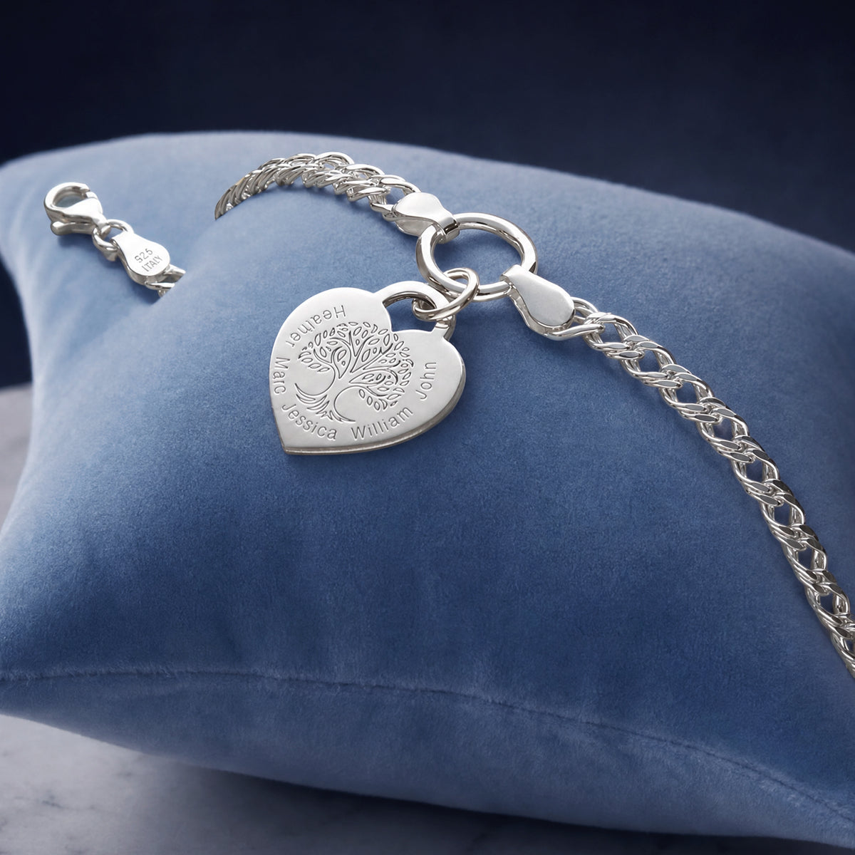 Sterling Silver Personalised Tree of Life Heart Charm Double Curb Bracelet