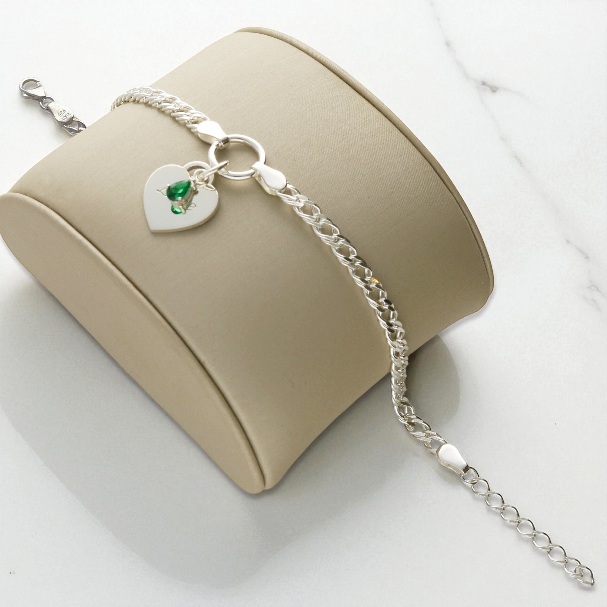 Sterling Silver Heart and Birthstone Double Curb Bracelet With Optional Engraving