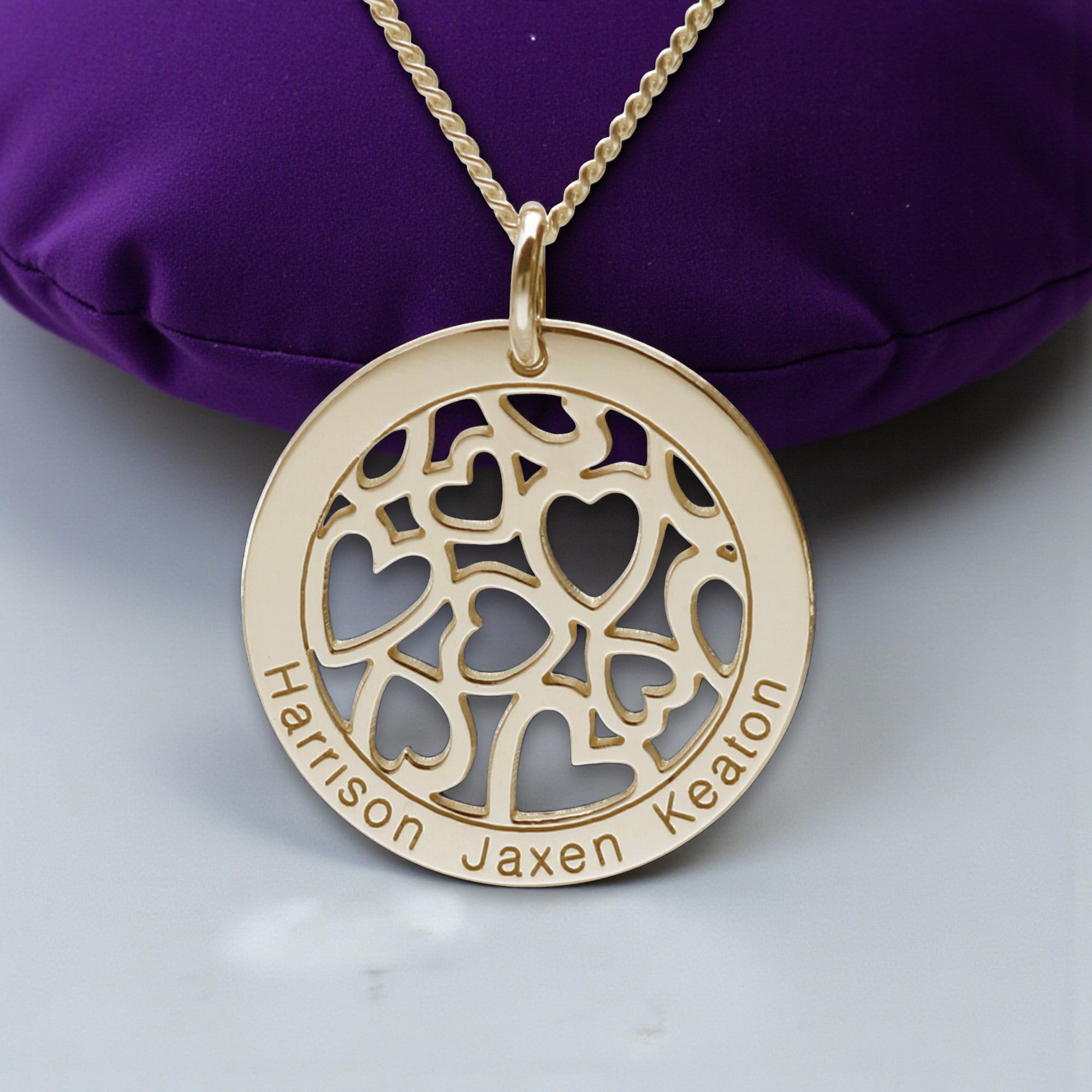 Yellow Gold Plated Hearts in Engraved Disc Necklace