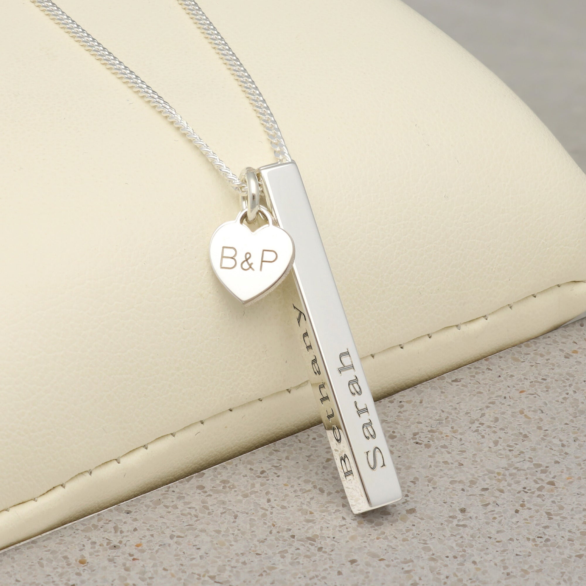 Sterling Silver 3D Engraved Name Bar Necklace With Heart Charm