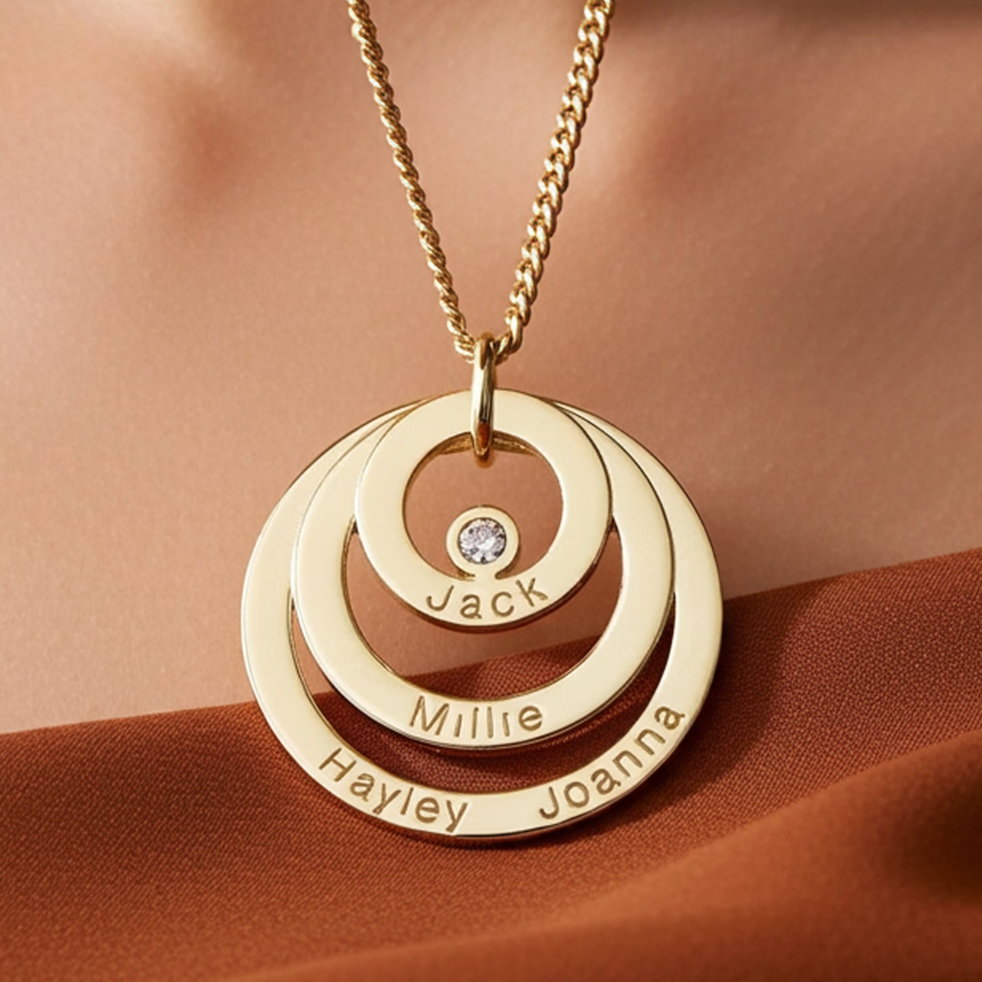 9ct Yellow Gold Vermeil Triple Disc Personalised Family Circle Necklace With Diamond or Crystal