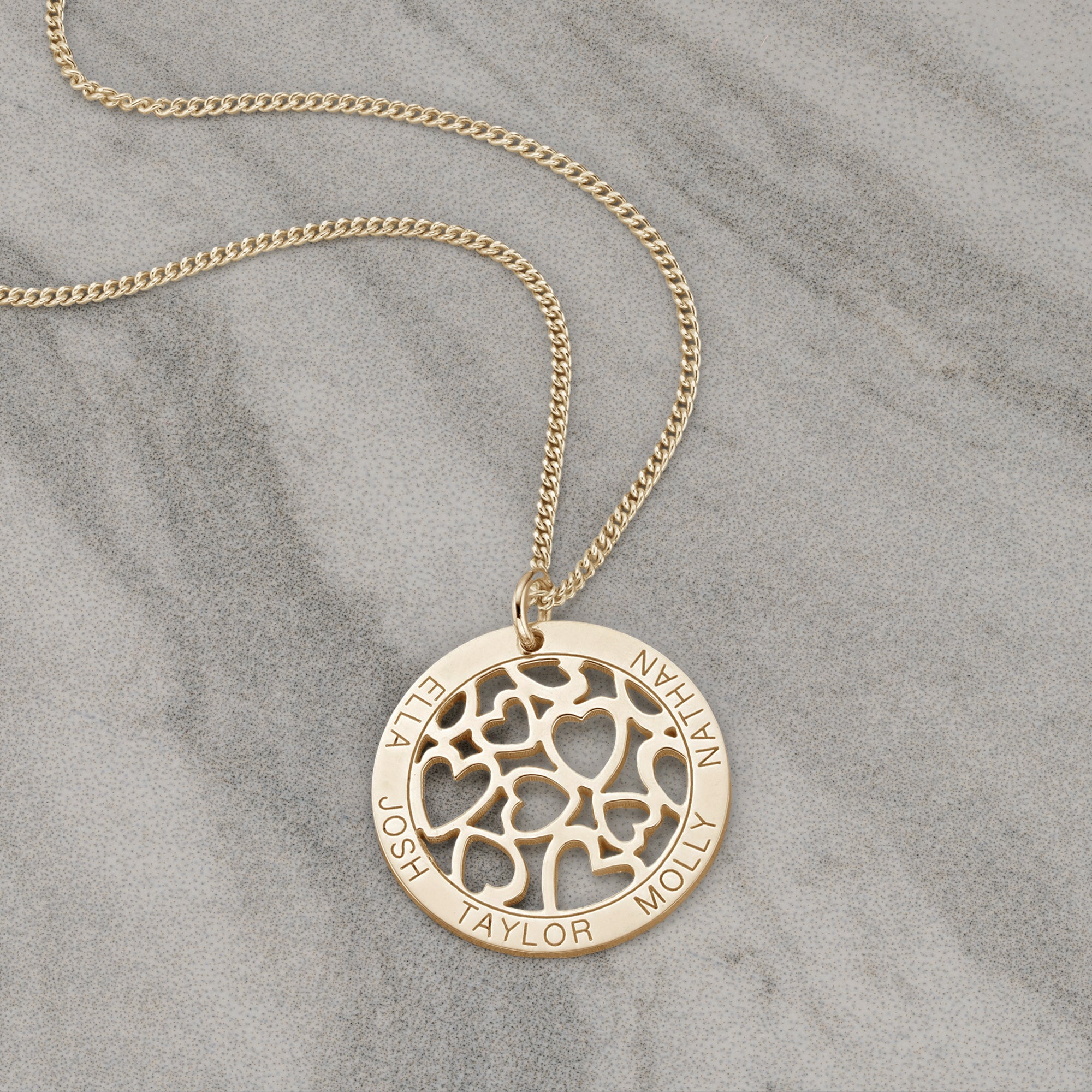 Yellow Gold Plated Hearts in Engraved Disc Necklace