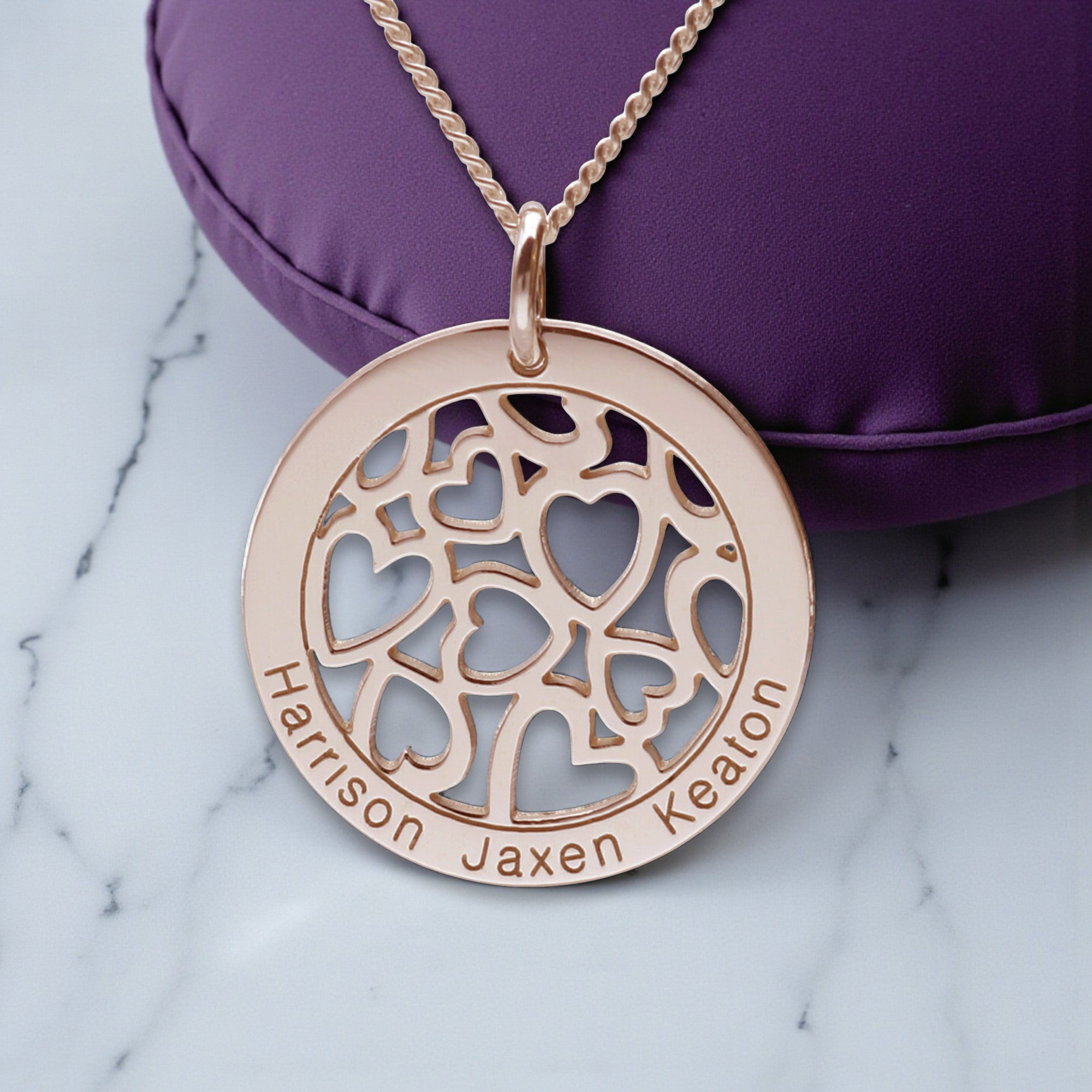 9ct Rose Gold Hearts in Engraved Disc Necklace