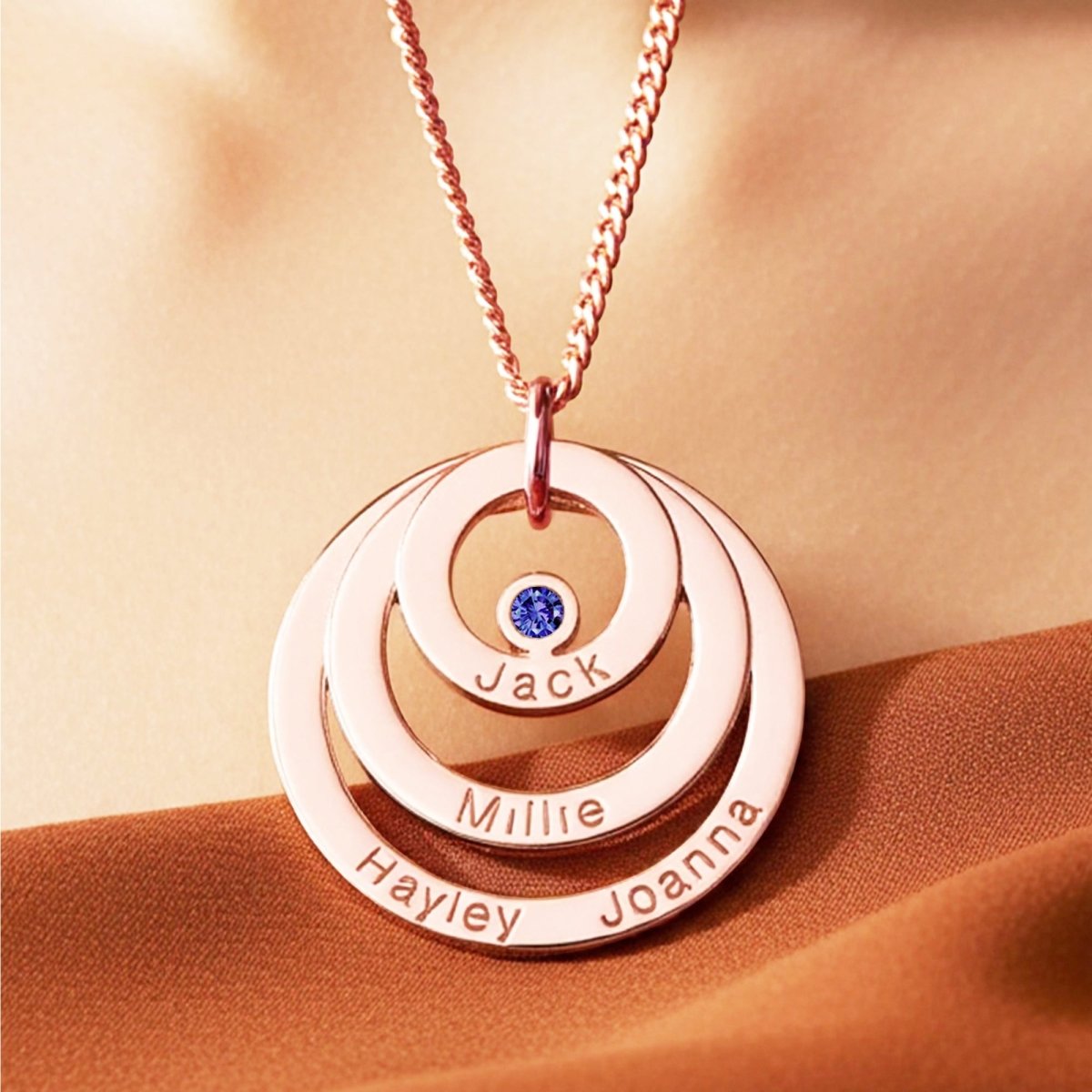 9ct Solid Rose Gold Engraved Triple Disc Personalised Family Necklace With Sapphire & Optional Chain - Love Silver Jewellery