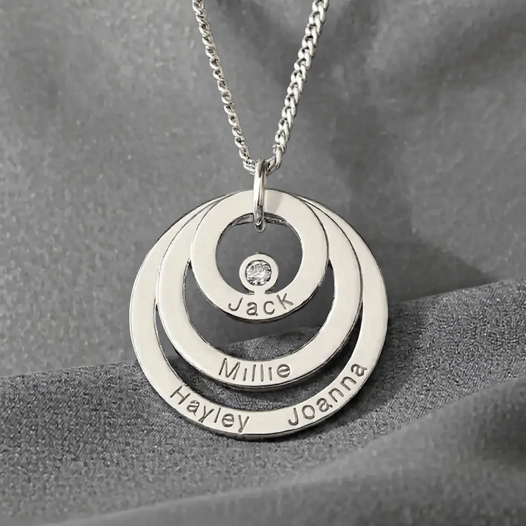 Sterling Silver Triple Disc Personalised Family Necklace With Diamond or Crystal