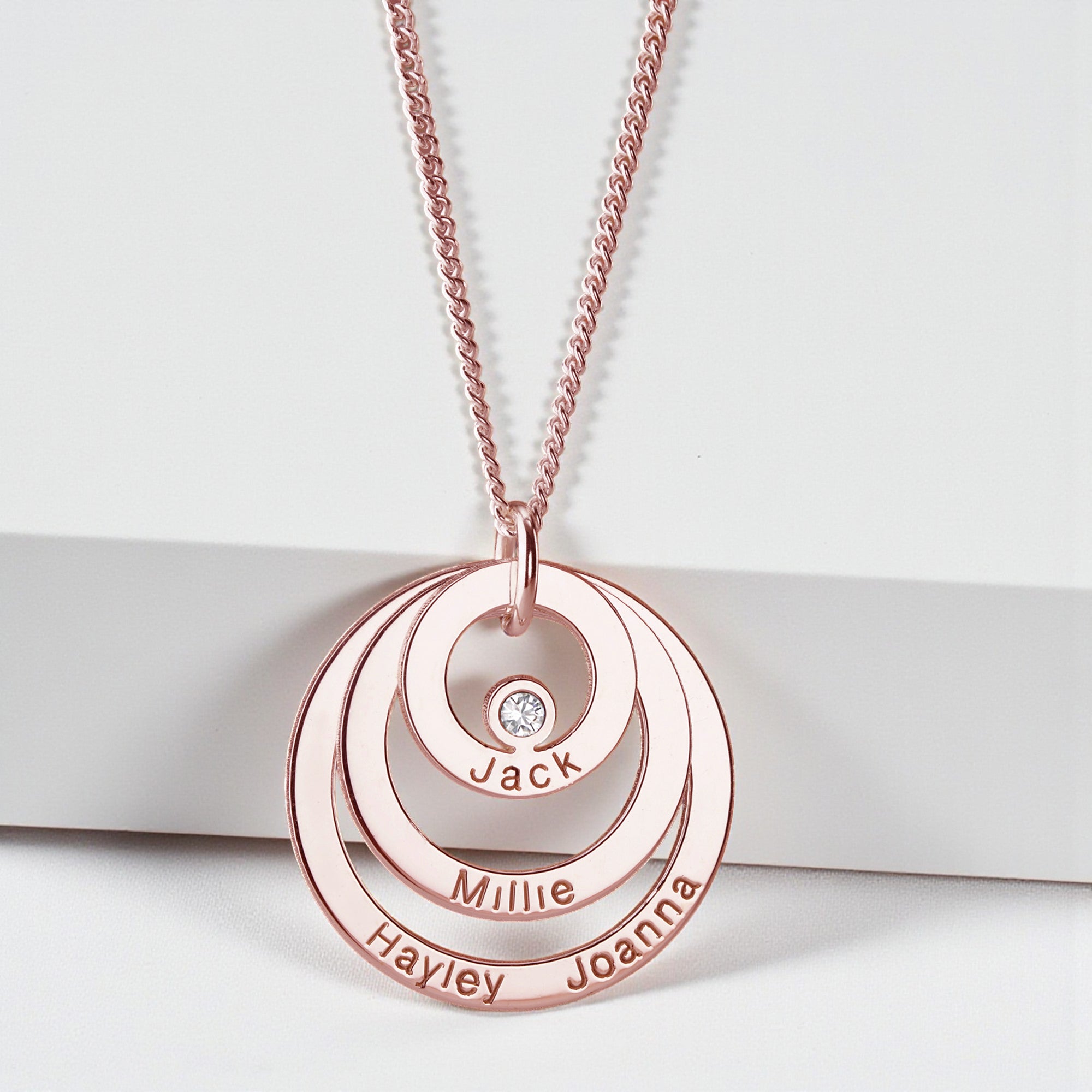 9ct Rose Gold Vermeil Engraved Triple Disc Personalised Family Necklace With Diamond & Optional Chain