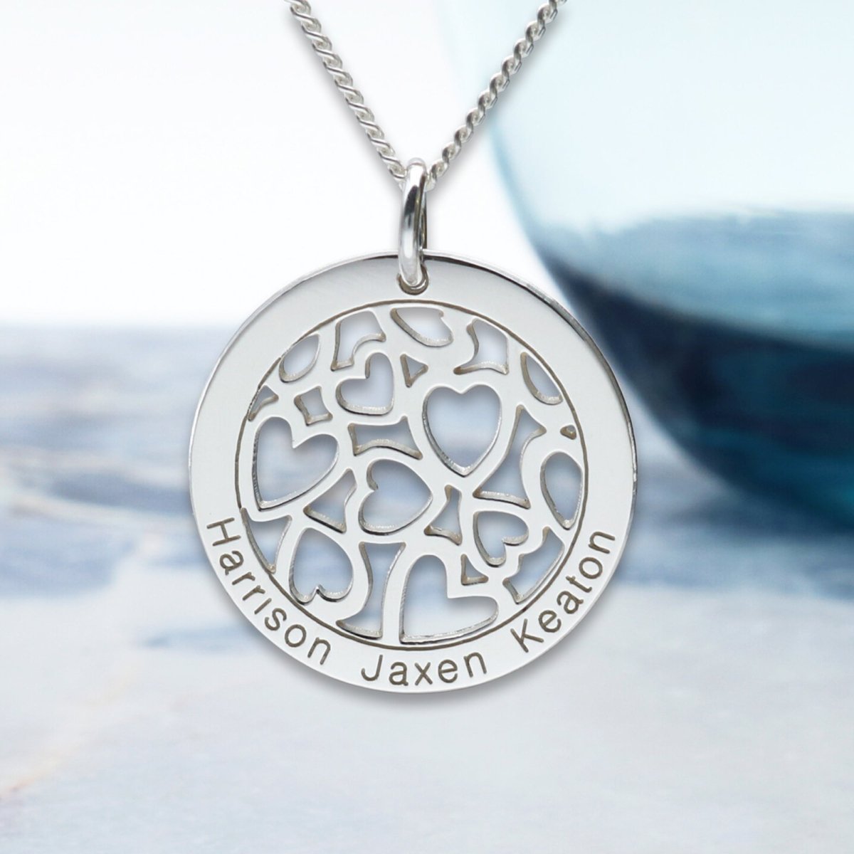 9ct White Gold Hearts in Personalised Disc Pendant with Necklace Chain Option - Love Silver Jewellery