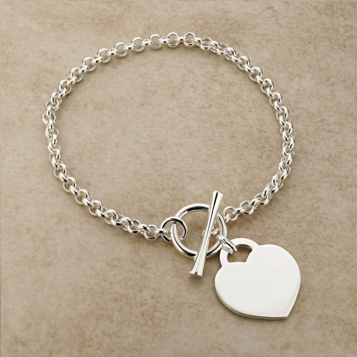 Sterling Silver Heart Tag Toggle Bracelet & Optional Engraving