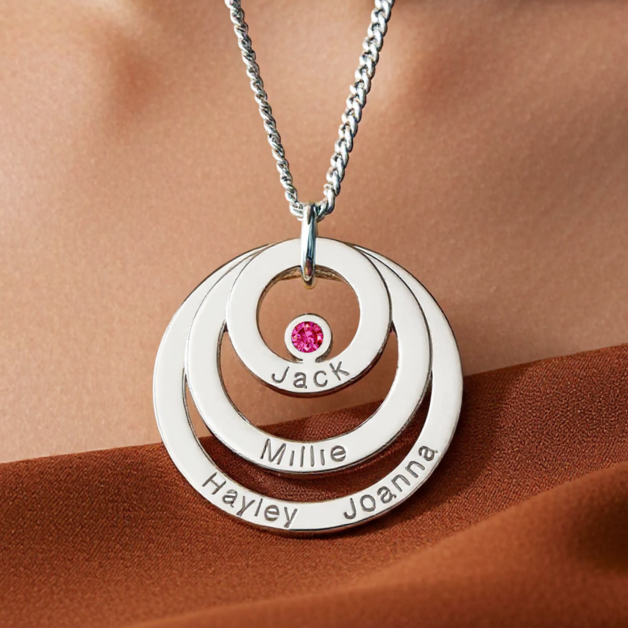 Sterling Silver Engraved Triple Disc Personalised Family Necklace With Ruby