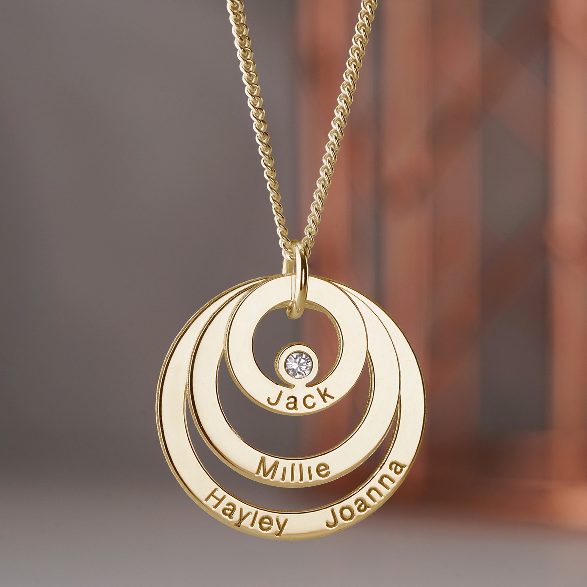 9ct Yellow Gold Vermeil Triple Disc Personalised Family Circle Necklace With Diamond or Crystal