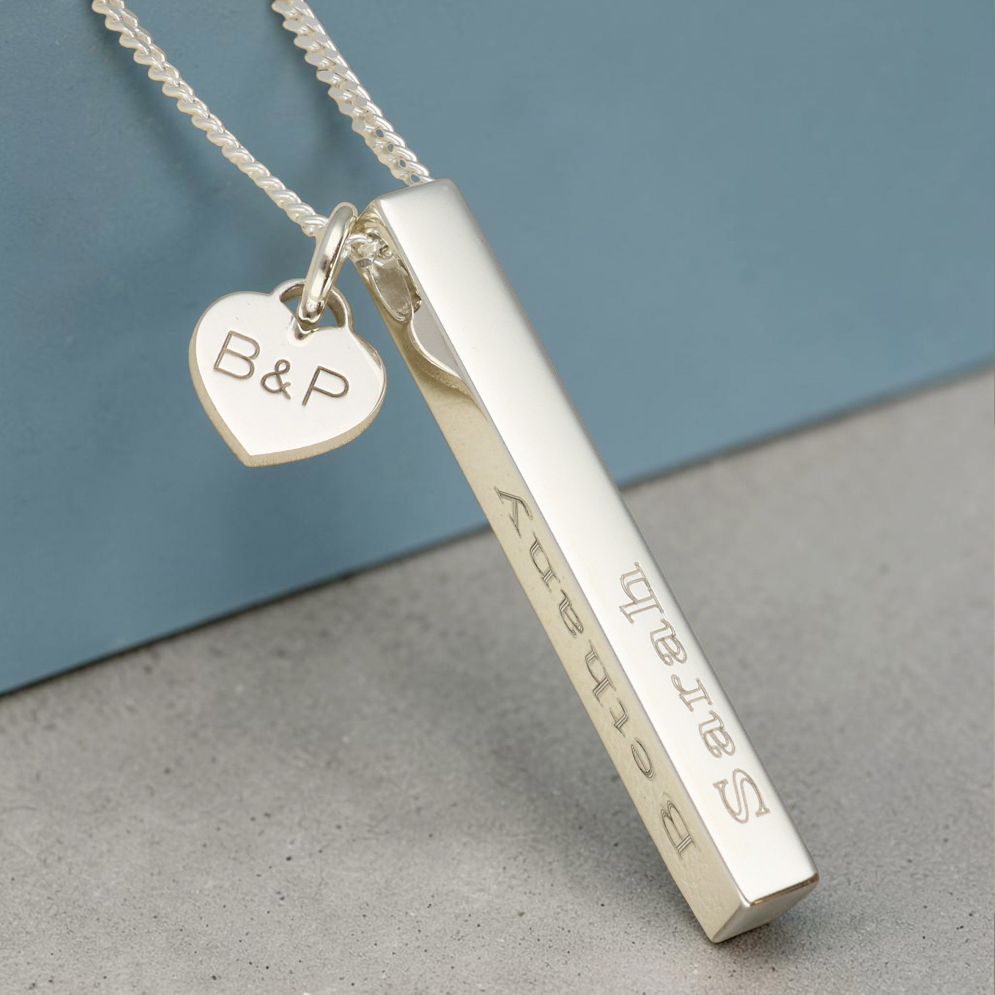 Sterling Silver 3D Engraved Name Bar Necklace With Heart Charm