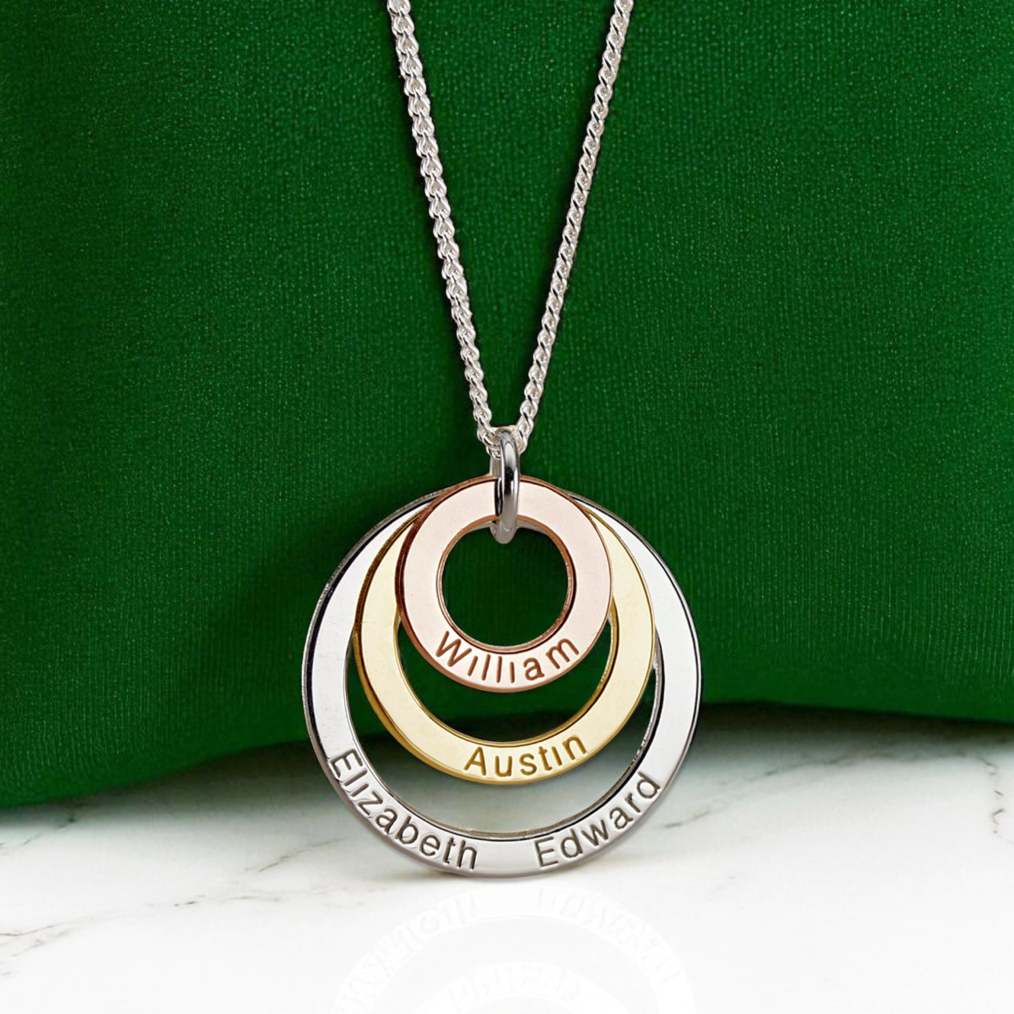 Three Colour 9ct Gold Triple Disc Personalised Family Necklace