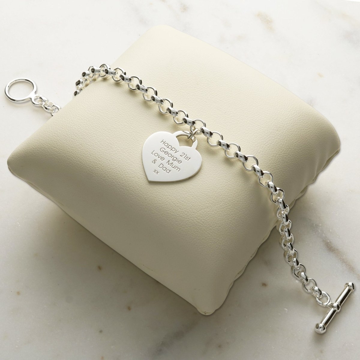 Sterling Silver T Bar Bracelet With Heart Charm and Engraving - Love Silver Jewellery