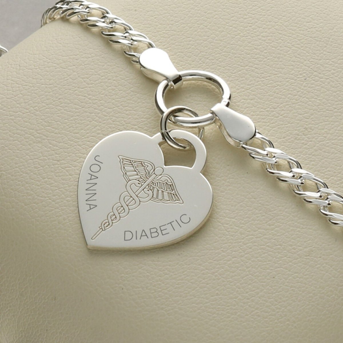 Sterling Silver Medical Alert Heart Charm Double Curb Bracelet - Love Silver Jewellery