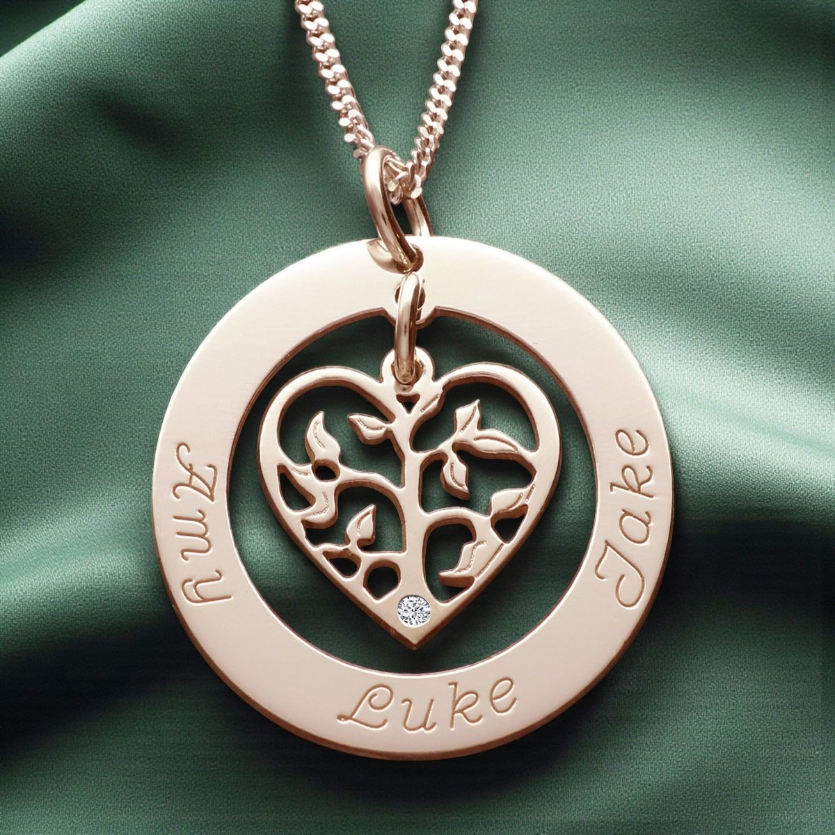 9ct Rose Gold Plated Filigree Heart Tree of Life Family Necklace With Crystal Or Real Diamond - Love Silver Jewellery
