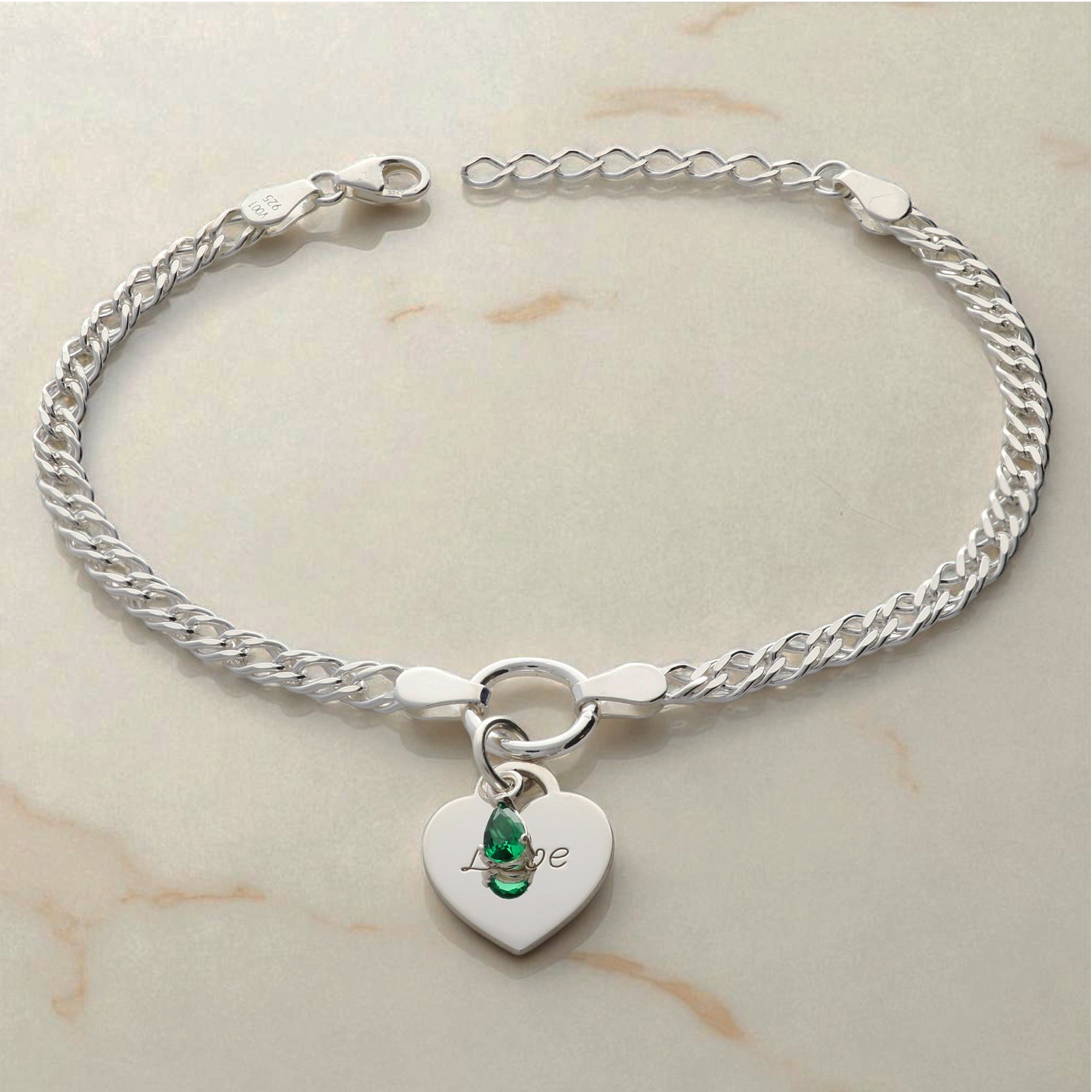 Sterling Silver Heart and Birthstone Double Curb Bracelet With Optional Engraving