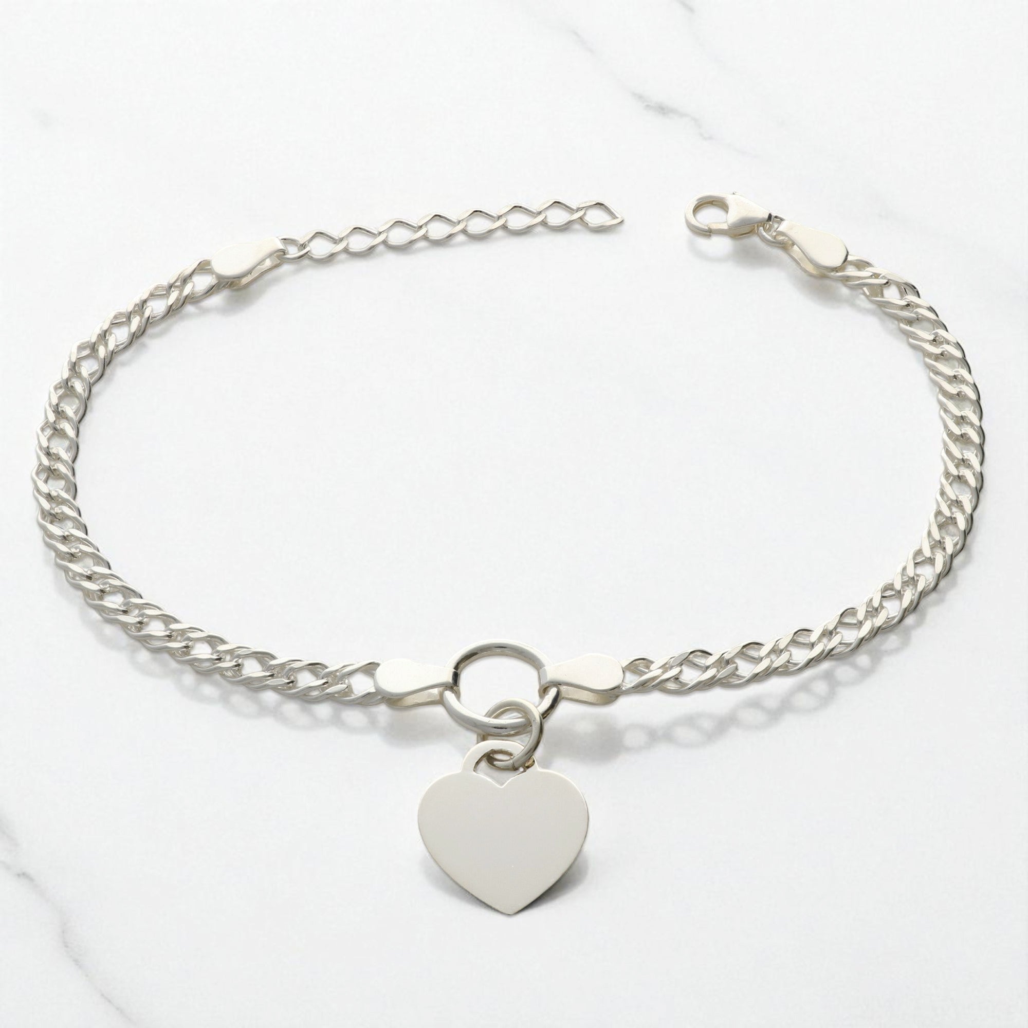 Sterling Silver Ladies Heart on Fancy Double Curb Chain Bracelet With Optional Engraving