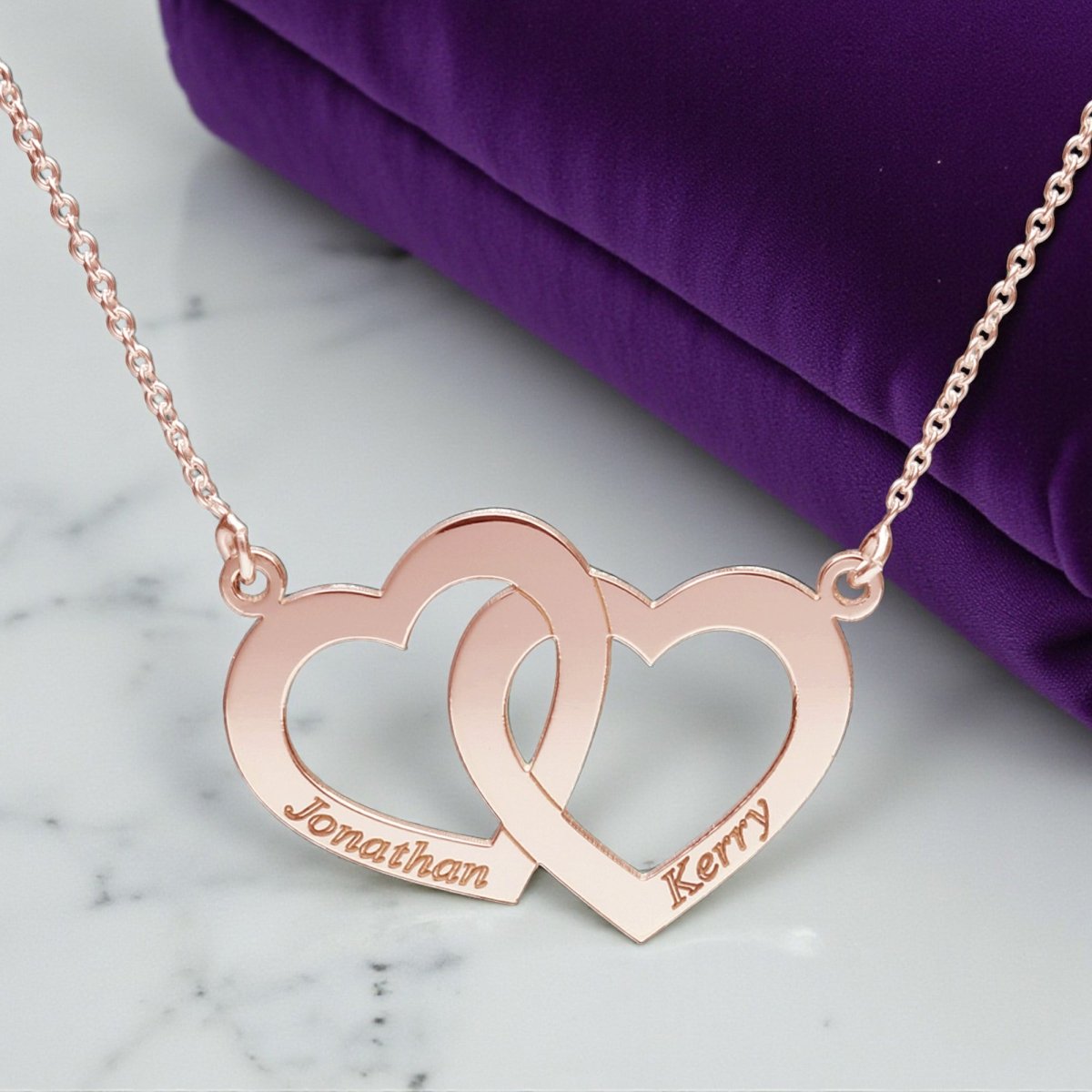 9ct Solid Rose Gold Engraved Horizontal Double Heart Necklace - Love Silver Jewellery