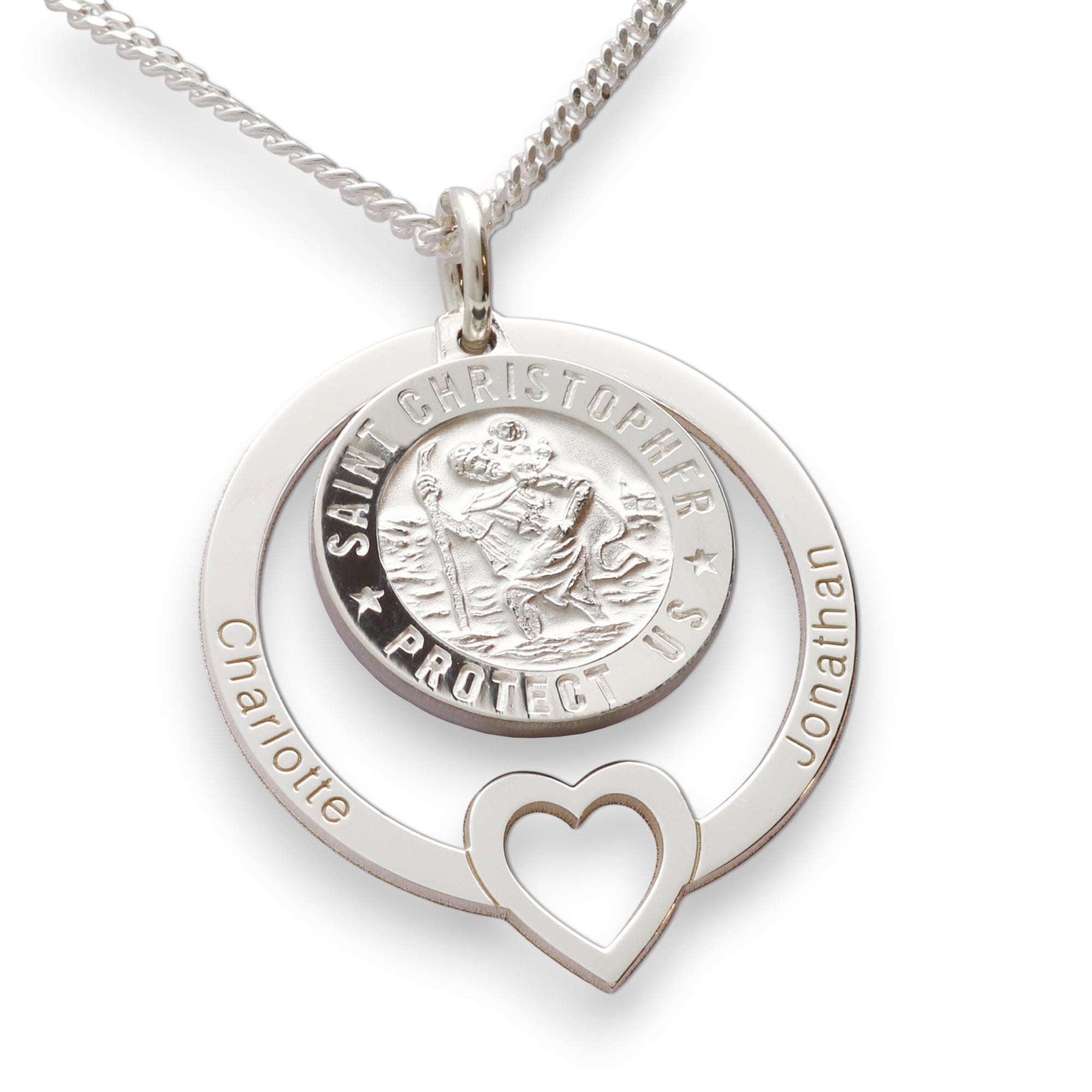 Sterling Silver Personalised Heart 3D St Christopher Family Necklace