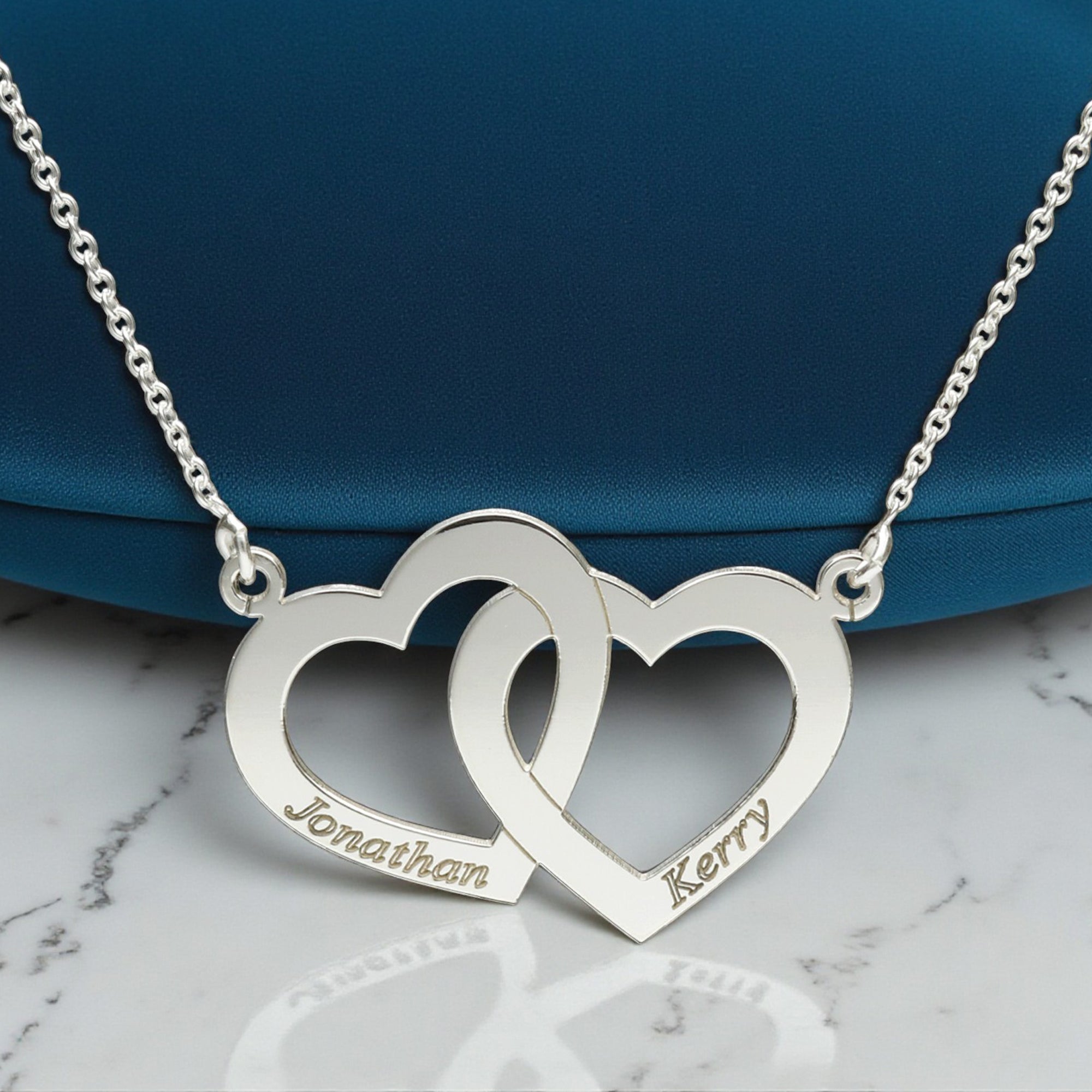 9ct White Gold Engraved Horizontal Double Heart Necklace