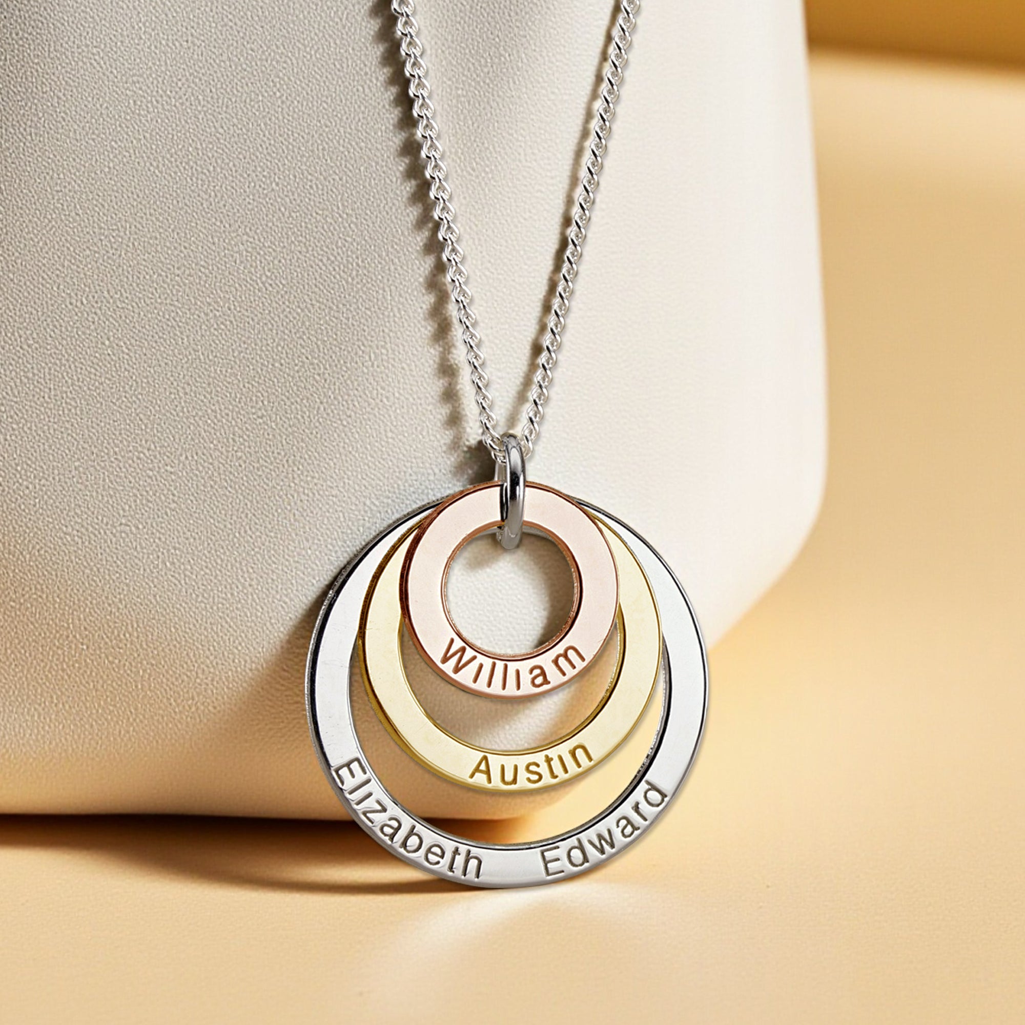 Three Colour 9ct Gold Vermeil Triple Disc Personalised Family Necklace