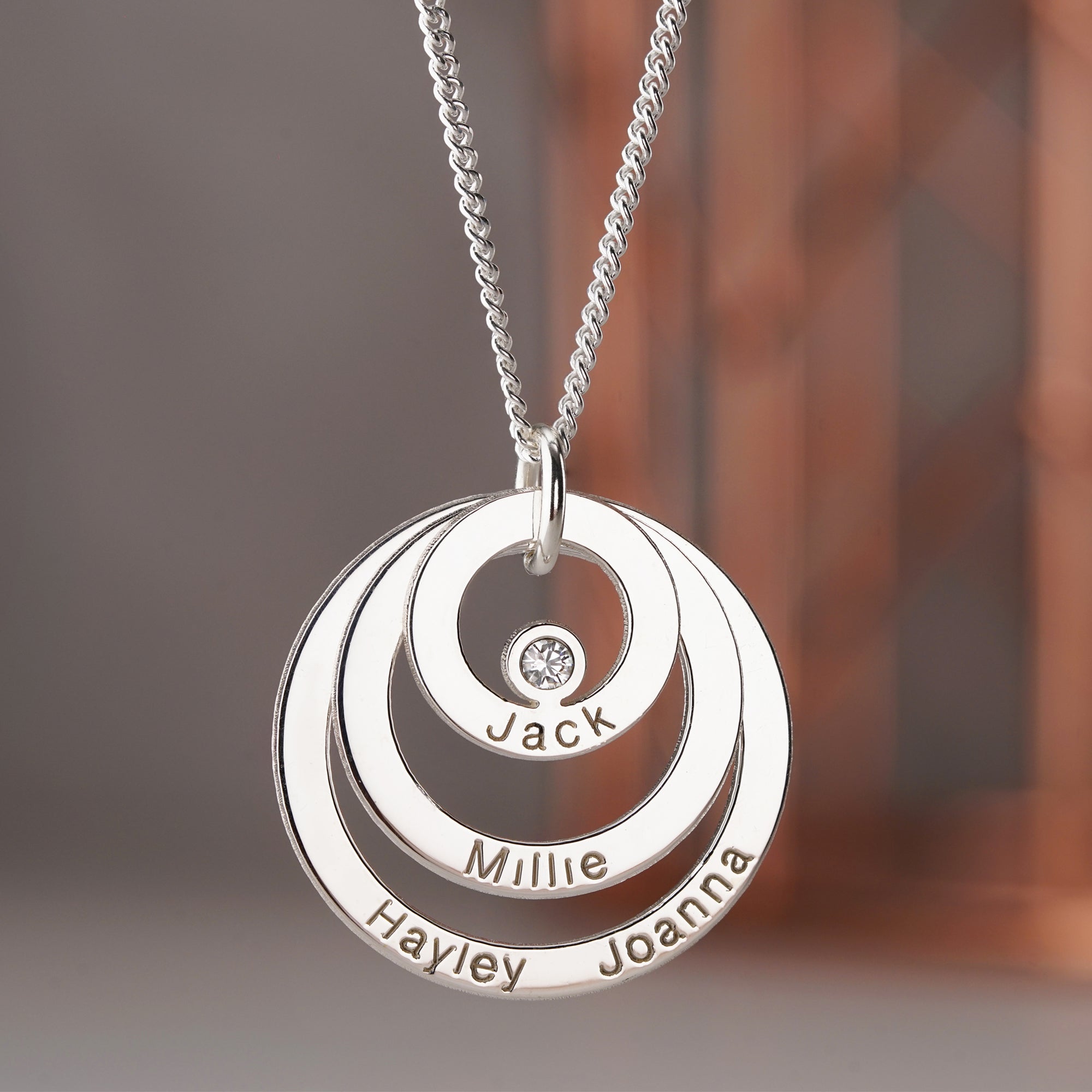 Sterling Silver Engraved Triple Disc Personalised Family Necklace With Diamond