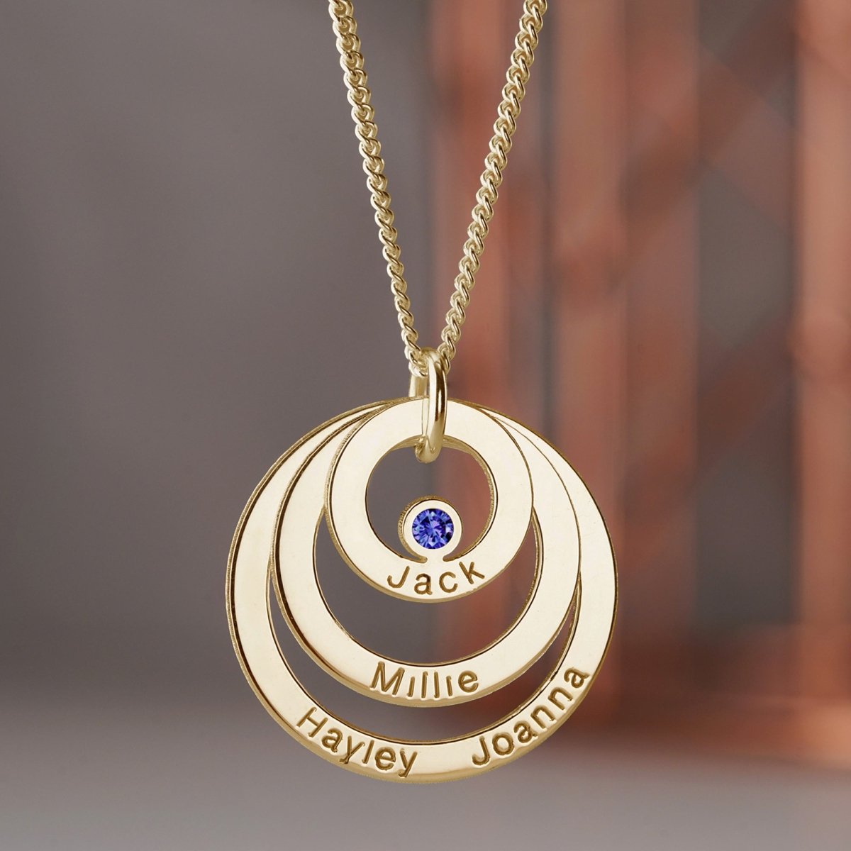9ct Solid Yellow Gold Engraved Triple Disc Personalised Family Necklace With Sapphire & Optional Chain - Love Silver Jewellery