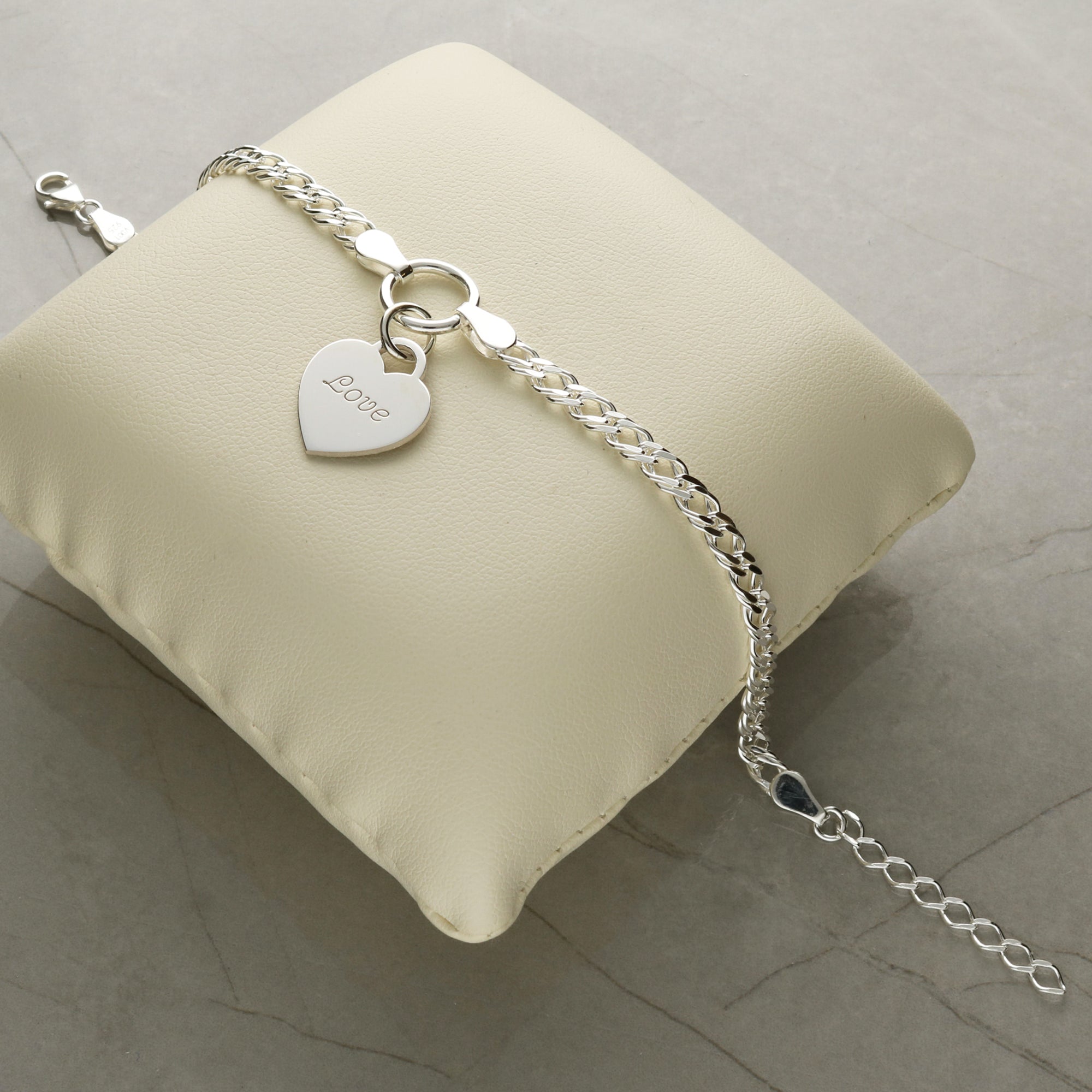 Sterling Silver Ladies Heart on Fancy Double Curb Chain Bracelet With Optional Engraving