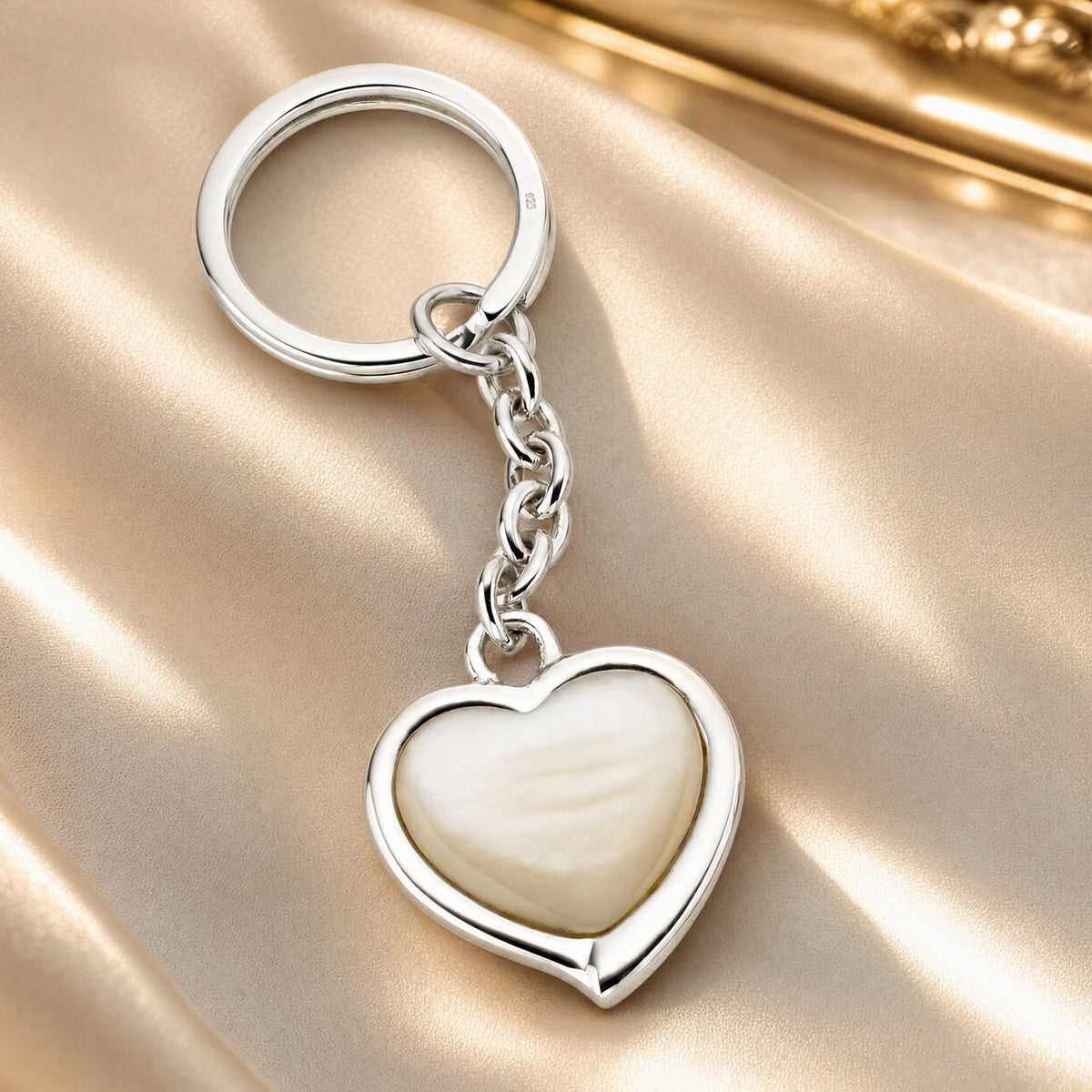 Sterling Silver Mother of Pearl Heart Keyring With Optional Engraving