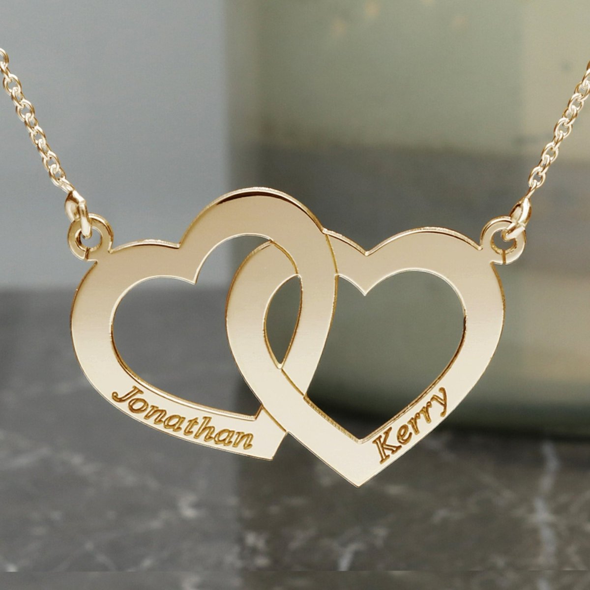9ct Yellow Gold Plated Engraved Horizontal Double Heart Pendant With Chain - Love Silver Jewellery