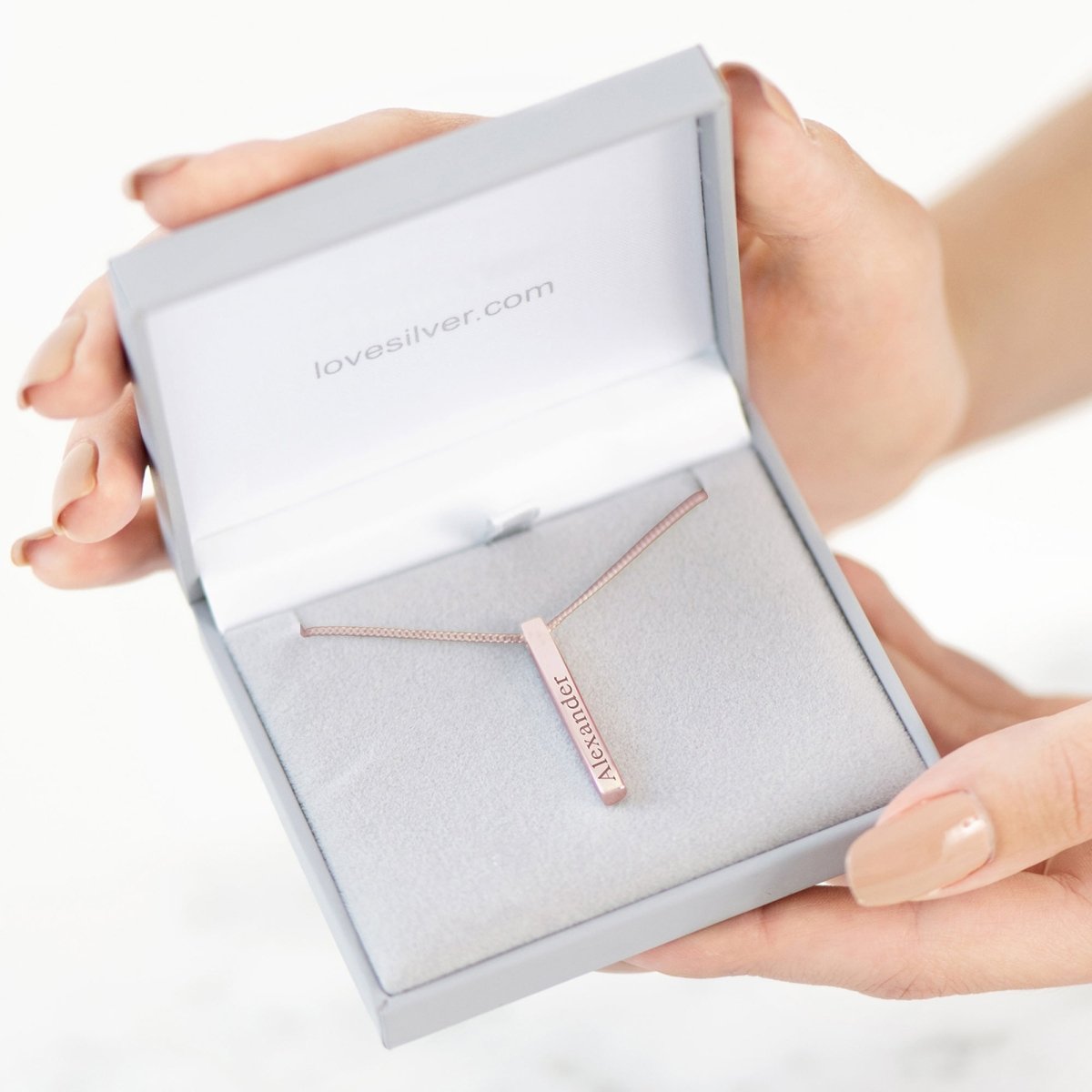 9ct Rose Gold Plated 3D Engraved Name Bar Pendant With Chain - Love Silver Jewellery