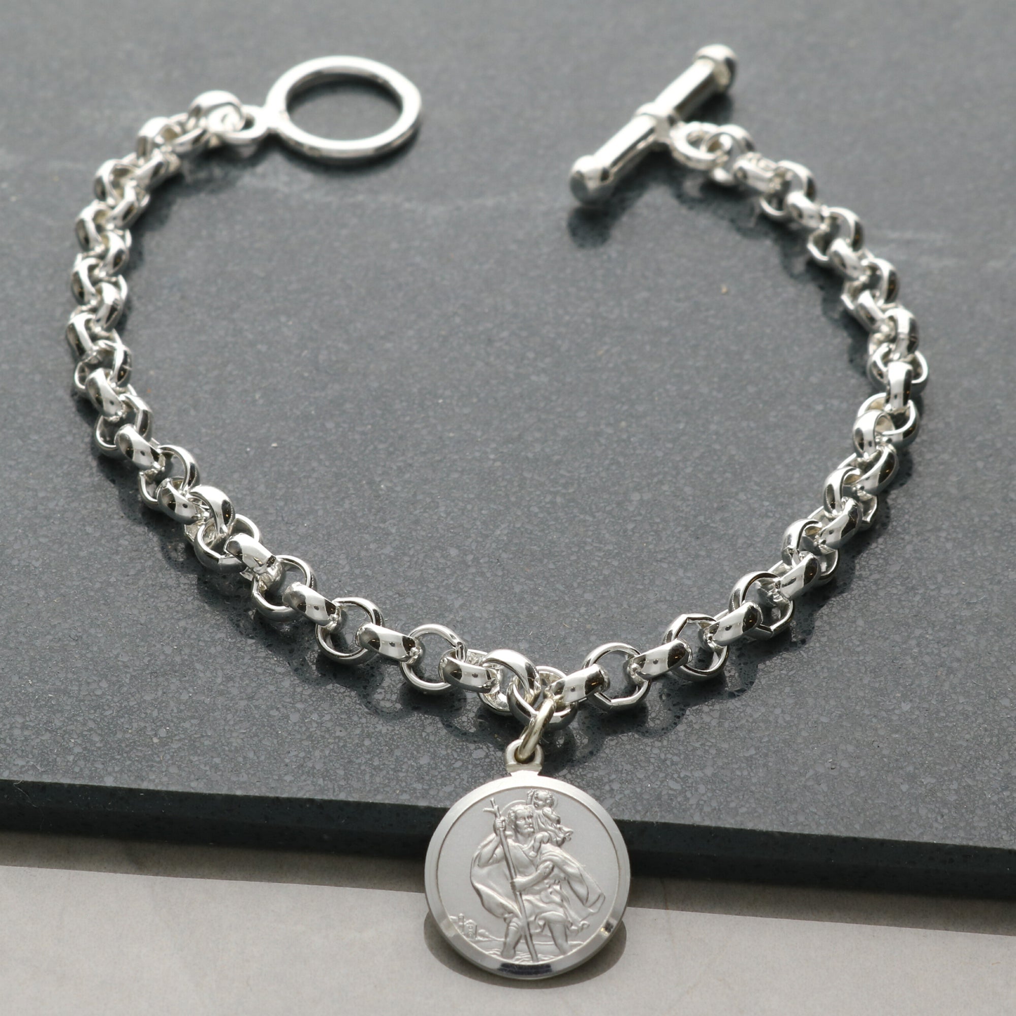 Sterling Silver Belcher T-Bar Bracelet With St Christopher Charm & Optional Engraving